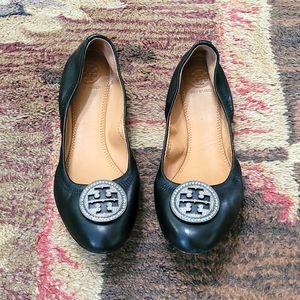 Tory Burch Black Ballet Flats & Crystal Logo